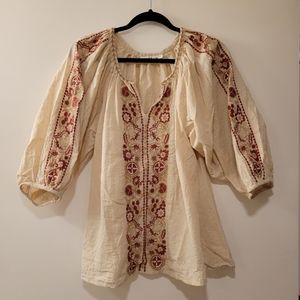 Solitaire Top Beige Red Floral Embroidered Swiss Dot Puff Sleeve Bohemian Size M